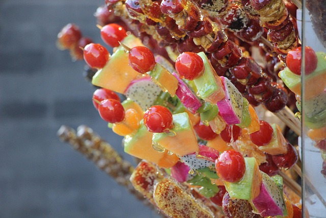 Colorful street food market in Asia with various food stalls
