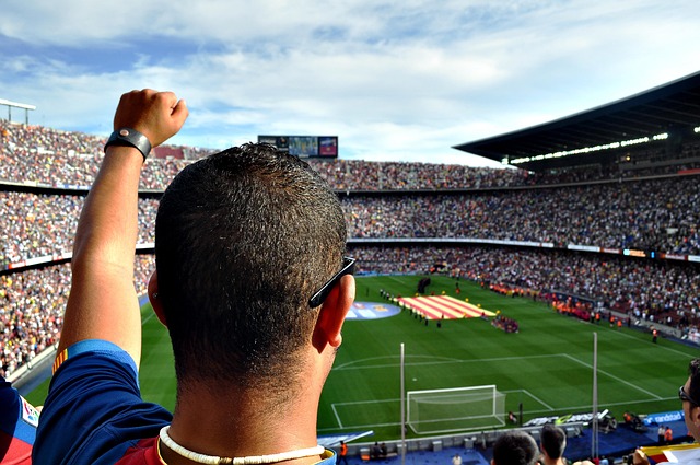 Fans cheering at a World Cup match, with a subtle overlay of legal documents