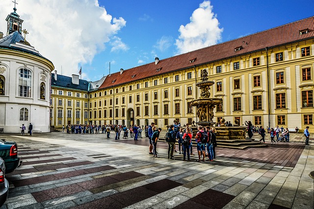 Prague Castle complex viewed from across the Vltava River at sunrise (things to do in prague)